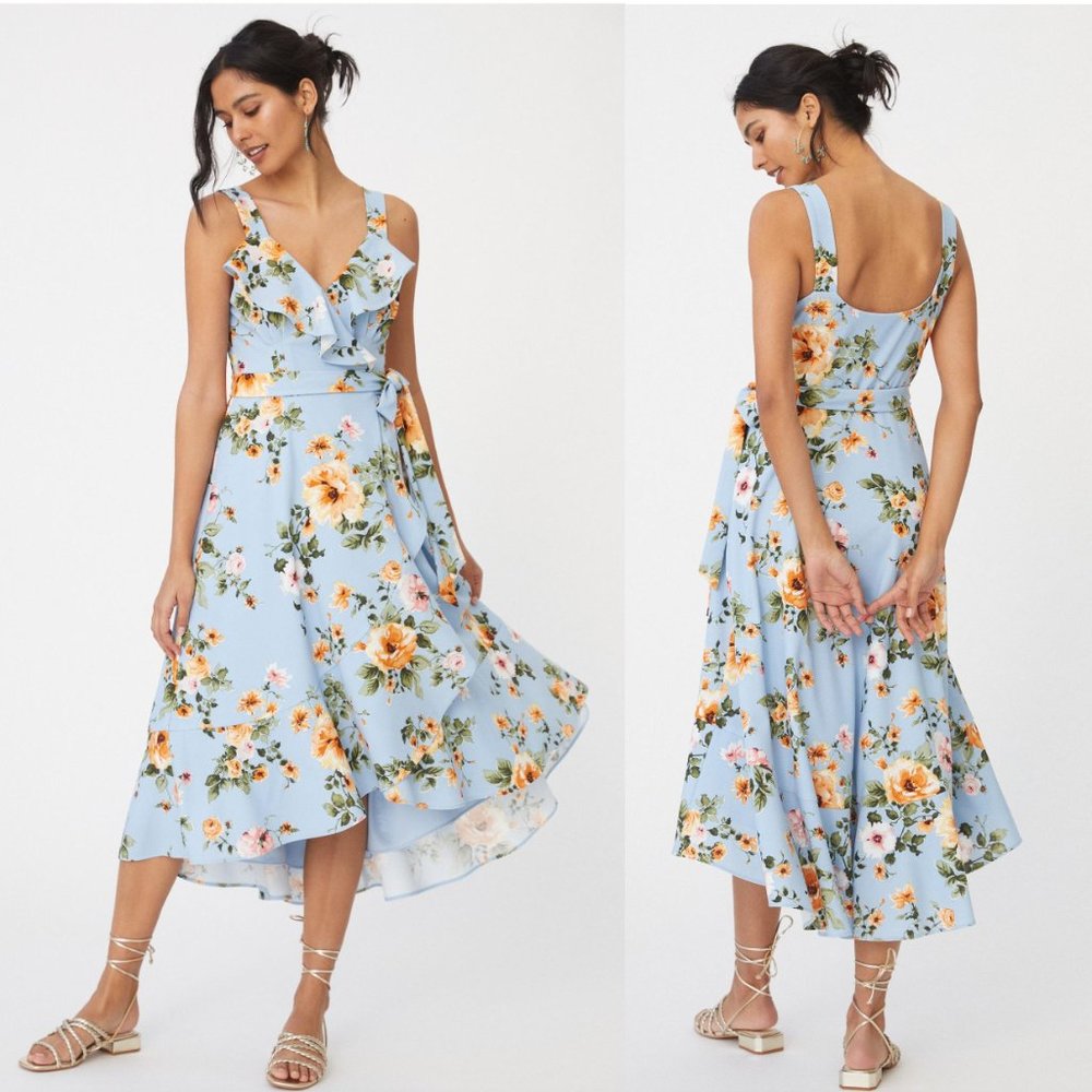 NWT Anthropologie Hutch Eden Wrap Dress Blue Floral Ruffle Sleeveless Midi